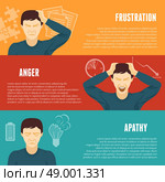 Stress concept horizontal banners set. Frustration anger apathy work related mental problems symptoms 3 flat horizontal banners set abstract isolated vector illustration. Стоковая иллюстрация, агентство Ingram Publishing / Фотобанк Лори