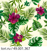 Tropical plants flowers seamless pattern. Exotic tropical rainforest plants opulent green leaves with hibiscus flowers wrap paper seamless pattern abstract vector illustration. Стоковая иллюстрация, агентство Ingram Publishing / Фотобанк Лори