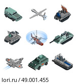 Military equipment isometric set with helicopter armoured vehicle truck isolated vector illustration. Military Equipment Isometric. Стоковая иллюстрация, агентство Ingram Publishing / Фотобанк Лори