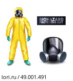 Scientist in yellow biohazard protective suit and mask isolated vector illustration. Biohazard Protective Suit. Стоковая иллюстрация, агентство Ingram Publishing / Фотобанк Лори
