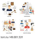 Justice 4 flat icons square banner . Jurisprudence fair trial process with legal defense and convict 4 flat icons composition abstract isolated vector illustration. Стоковая иллюстрация, агентство Ingram Publishing / Фотобанк Лори
