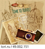 Europe Travel With Camera Vintage Poster. Europe travel with camera and balloon vintage poster vector illustration. Стоковая иллюстрация, агентство Ingram Publishing / Фотобанк Лори