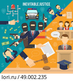 Justice Flat Color Concept . Heist with robbers and police than court and inevitability of justice flat color seamless concept vector illustration  . Стоковая иллюстрация, агентство Ingram Publishing / Фотобанк Лори