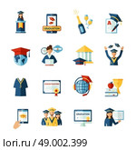 School graduation flat icons set. High school college graduation flat pictograms collection with official diploma and academic hat abstract isolated vector illustration. Стоковая иллюстрация, агентство Ingram Publishing / Фотобанк Лори