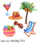 Tropical island  vacation  travel  watercolor icons set with coconut palm and  straw sunhat abstract vector isolated illustration. Tropical vacation travel watercolor icons set. Стоковая иллюстрация, агентство Ingram Publishing / Фотобанк Лори