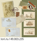Hand drawn vintage postcards set with world landmarks scrapbooking template vector illustration. Vintage Postcards Set. Стоковая иллюстрация, агентство Ingram Publishing / Фотобанк Лори