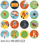 Competitive team sport matches with umpire referee arbiter symbols flat round icons set abstract vector isolated illustration. Team sport icons set flat. Стоковая иллюстрация, агентство Ingram Publishing / Фотобанк Лори