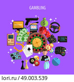Gambling And Games Concept . Gambling and games concept with roulette cards and bowling on violet background flat vector illustration . Стоковая иллюстрация, агентство Ingram Publishing / Фотобанк Лори