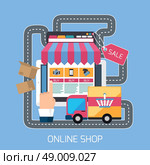 Internet shopping concept smartphone with awning of buying products via online shop store and road with delivery car e-commerce ideas e-commerce symbols sale elements on stylish background. Стоковая иллюстрация, агентство Ingram Publishing / Фотобанк Лори