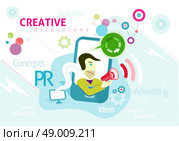 Advertising concept with words PR creative strategies ideas solution. Man looks out of smartphone is holding megaphone from which sounds advertising in cartoon design style. Стоковая иллюстрация, агентство Ingram Publishing / Фотобанк Лори