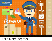 Profession series with moustached postman in uniform with bag and letter standing near mailbox. Стоковая иллюстрация, агентство Ingram Publishing / Фотобанк Лори