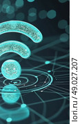A translucent 3D Wi-Fi icon with ripple effects, symbolizing connectivity, set on an abstract digital background with futuristic hi tech neon light. Стоковое AI-видео, аниматор Sergey Grishin / Фотобанк Лори
