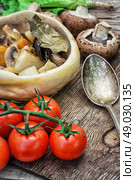 vegetable ragu. vegetable hot plate made of baked dough cooked in  rustic style.Photo tinted.Selective focus. Стоковое фото, агентство Ingram Publishing / Фотобанк Лори