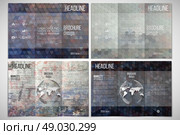 Vector set of tri-fold brochure design template on both sides with world globe element. Graffiti wall. Abstract multicolored backgrounds. Geometrical patterns. Triangular and hexagonal style vector. Стоковая иллюстрация, агентство Ingram Publishing / Фотобанк Лори