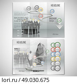 Vector set of tri-fold brochure design template on both sides. Professional business team standing over gray background with timeline. Infographic pattern. Vector set of tri-fold brochure design template on both sides. Group of a professional business team standing over gray background with timeline. Vector infographic template for your design. Стоковая иллюстрация, агентство Ingram Publishing / Фотобанк Лори