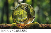 A glass sphere of pure dew drops in a forest on earth is a ball with an internal microclimate, a clean environment, protecting the ecology of the planet. AI generated. Стоковое AI-видео, аниматор Ольга Симонова / Фотобанк Лори