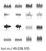 Equalizer black icons set . Audio equalizer sound wave fragment black icons set in various amplitude and shapes abstract isolated vector illustration. Стоковая иллюстрация, агентство Ingram Publishing / Фотобанк Лори