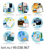 Icons set banners for applocation development, business seminar, business strategy, pay per click, brand design, business idea, adaptive development, analysis in flat design. Стоковая иллюстрация, агентство Ingram Publishing / Фотобанк Лори