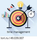 Flat design concept with target and arrow for time management, targeting, work planning and timing with long shadows. Стоковая иллюстрация, агентство Ingram Publishing / Фотобанк Лори
