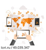 Concept of mobile communication and cloud storage with user hands touching screen of digital tablet with rss connecting with two smartphones. Стоковая иллюстрация, агентство Ingram Publishing / Фотобанк Лори