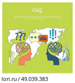 FAQ information sign icon. Help speech bubble symbol. Head with babble on background with map. FAQ information sign icon. Стоковая иллюстрация, агентство Ingram Publishing / Фотобанк Лори
