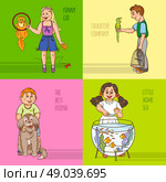 Childs And Pets Decorative Icon Set . Childs and their pets with short fun comment color cartoon decorative icon set vector illustration . Стоковая иллюстрация, агентство Ingram Publishing / Фотобанк Лори