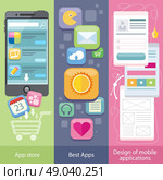 Set of icons on banners with concepts of app store, best apps and design mobile applications in flat design style. Purchase applications, commenting and rating application, development web page of app. Стоковая иллюстрация, агентство Ingram Publishing / Фотобанк Лори