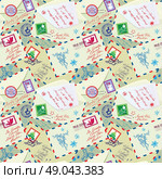 Seamless pattern with xmas stamps, envelops, labels, cards, hand written texts, Christmas and New Year postage background for winter holidays design. Стоковая иллюстрация, агентство Ingram Publishing / Фотобанк Лори