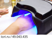 Nails painting with UV dry lamp in blue light woman hands at nail salon. Стоковое фото, агентство Ingram Publishing / Фотобанк Лори