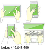 Set with hands typing on keyboard of laptop, hold smartphone showing some of multitouch gestures in flat design. Stroke icons concepts in monochrome colors on white. For web site construction, banners. Стоковая иллюстрация, агентство Ingram Publishing / Фотобанк Лори