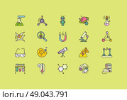Set of colorful science thin, lines, outline, strokes icons. Symbols of different sciences tube, spiritlamp, bulb, magnet, microscope, telescope on green background. For web and mobile applications. Стоковая иллюстрация, агентство Ingram Publishing / Фотобанк Лори
