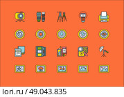 Set of colorful photographic equipment thin, lines, outline, strokes icons. Elements of photo processing. Digital camera with pictures and modes, photo items. For web and mobile applications. Стоковая иллюстрация, агентство Ingram Publishing / Фотобанк Лори