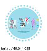 Technological advance in medicine icon flat . Research science, medical equipment, biotechnology and laboratory, analysis data and experiment, healthcare illustration. Стоковая иллюстрация, агентство Ingram Publishing / Фотобанк Лори