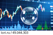 Transparent bubble floating in front of stock market chart symbolizing economic speculation, volatility, financial bubbles, and market uncertainty. Стоковое AI-изображение, AI-художник Ольга Сухарева / Фотобанк Лори