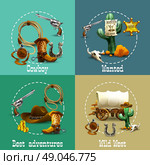 Wild West Adventures Icons Set. Wild west adventures realistic icons set with cowboy and wanted symbols isolated vector illustration . Стоковая иллюстрация, агентство Ingram Publishing / Фотобанк Лори