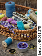 Accessories for sewing. Basket with spools of thread and buttons and fresh lavender. Стоковое фото, агентство Ingram Publishing / Фотобанк Лори
