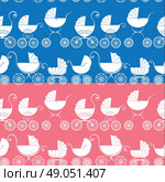 Set of seamless pattern with buggy on pink and blue background. Baby shower for girl and boy. Стоковая иллюстрация, агентство Ingram Publishing / Фотобанк Лори