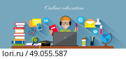 Online education flat design concept. Online learning, e-learning and online training, webinar and online class, internet web technology, book and computer, knowledge media illustration. Стоковая иллюстрация, агентство Ingram Publishing / Фотобанк Лори