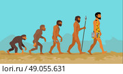 Concept of human evolution from ape to man. Man evolution. Development progress, primate growth, ancestor and mankind, caveman and neanderthal, mammal generation illustration. Neanderthal and monkey. Стоковая иллюстрация, агентство Ingram Publishing / Фотобанк Лори