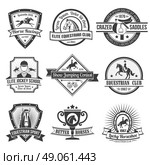 Equestrian Sport Emblems Set .  Equestrian sport  black emblems set on white background  isolated vector illustration. Стоковая иллюстрация, агентство Ingram Publishing / Фотобанк Лори