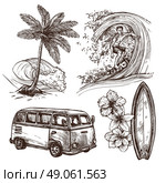 Surfing Sketch Icon Set. Surfing sport and lifestyle wave surfboard beach and van sketch decorative icon set isolated vector illustration . Стоковая иллюстрация, агентство Ingram Publishing / Фотобанк Лори
