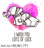 Origami elephants special day card doodle. Origami elephants cordial good luck wish on special day card with heart symbol doodle abstract vector illustration. Стоковая иллюстрация, агентство Ingram Publishing / Фотобанк Лори
