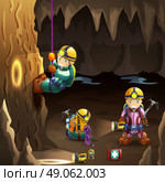 Speleologists in cave 3d background poster . Professionally equipped  speleologists in cave with stalagmite and stalactite on the background 3d poster abstract vector illustration. Стоковая иллюстрация, агентство Ingram Publishing / Фотобанк Лори