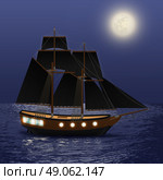Vintage ship with black sails at night sea background vector illustration. Night Sea Background. Стоковая иллюстрация, агентство Ingram Publishing / Фотобанк Лори