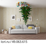 room with a Christmas tree on the ceiling. 3d concept. Стоковое фото, агентство Ingram Publishing / Фотобанк Лори