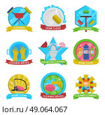 Cleaning Emblems Set . Cleaning emblems set with cleaning service and company symbols flat isolated vector illustration . Стоковая иллюстрация, агентство Ingram Publishing / Фотобанк Лори