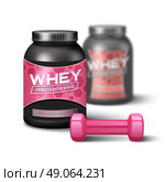 Pink woman dumbbell and jar of whey protein sport nutrition vector illustration. Woman Dumbbell And Sport Nutrition. Стоковая иллюстрация, агентство Ingram Publishing / Фотобанк Лори