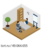 Recruitment Interview Illustration . Recruitment interview with questioning the applicant in the room isometric vector illustration . Стоковая иллюстрация, агентство Ingram Publishing / Фотобанк Лори