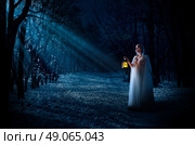 Young elven girl with lantern in night forest. Стоковое фото, агентство Ingram Publishing / Фотобанк Лори