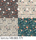 Collection of four seamless patterns with winter garden flowers, foxes and scarf, hat and mittens, vector illustration. Стоковая иллюстрация, агентство Ingram Publishing / Фотобанк Лори